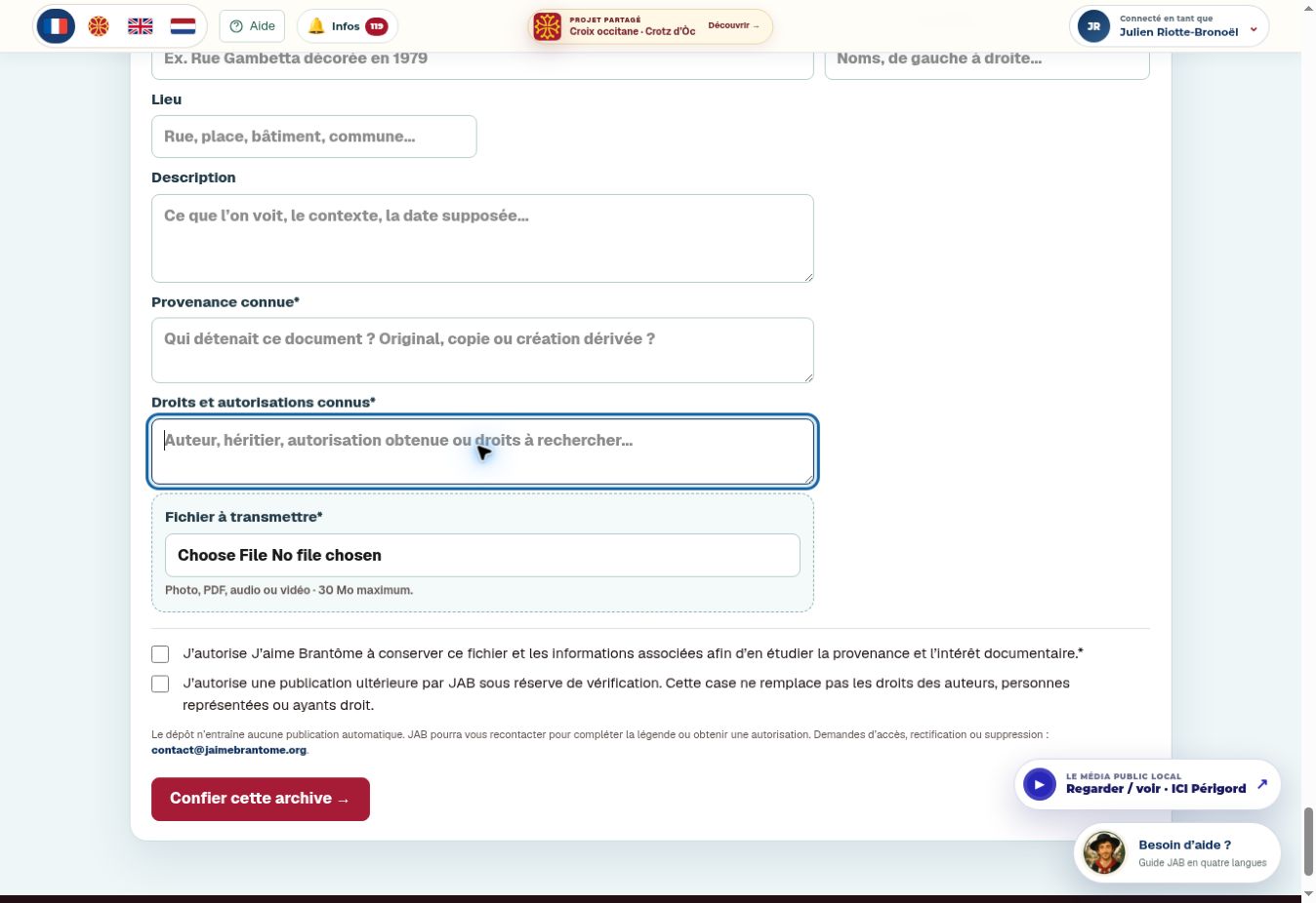Champs de provenance et de droits, fichier, accords distincts de conservation et de publication.