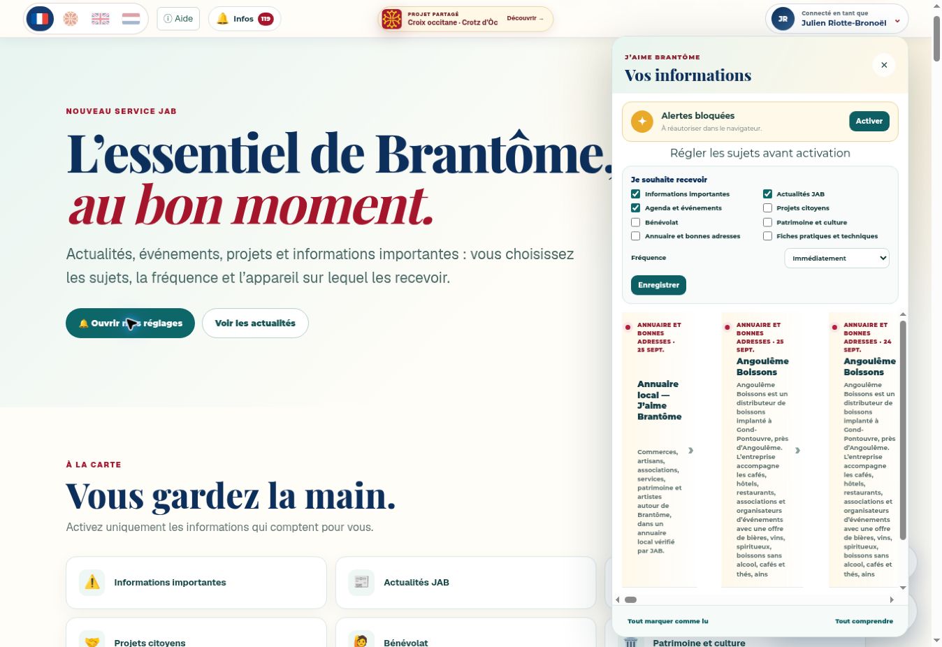 Panneau Informations ouvert avec sujets, fréquence et bouton Enregistrer avant activation.