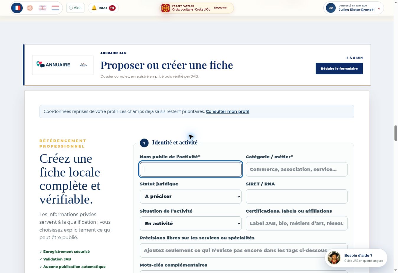 Formulaire déplié de proposition de fiche avec notice de préremplissage, identité et activité.