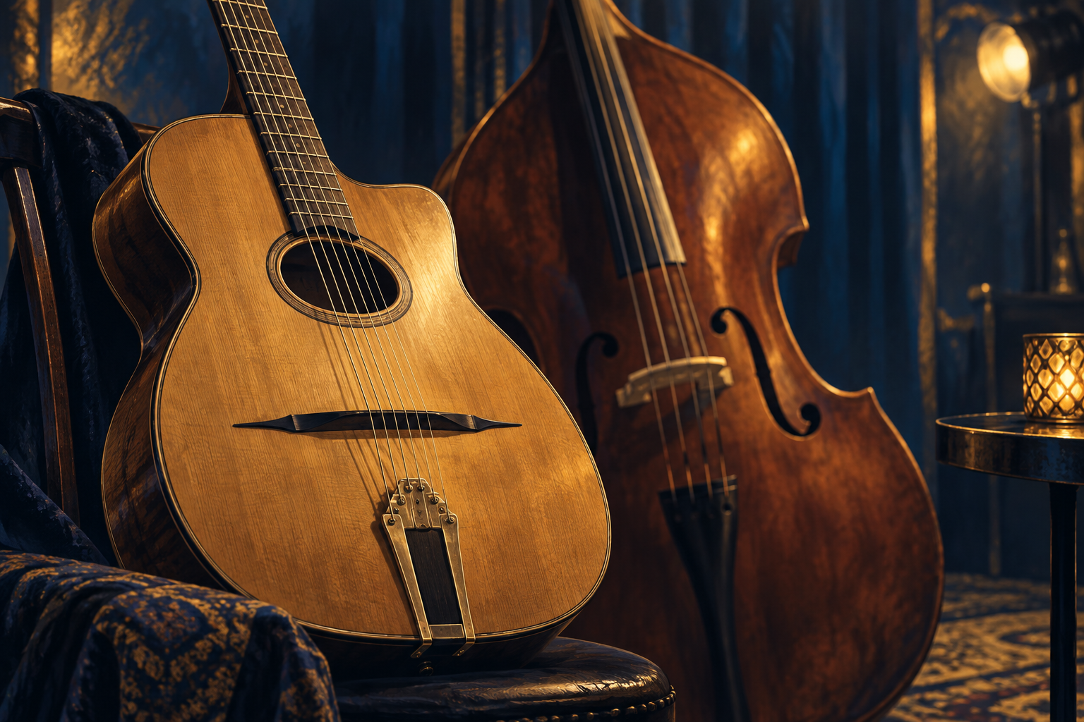 Guitare acoustique et contrebasse, illustration du projet de festival jazz manouche