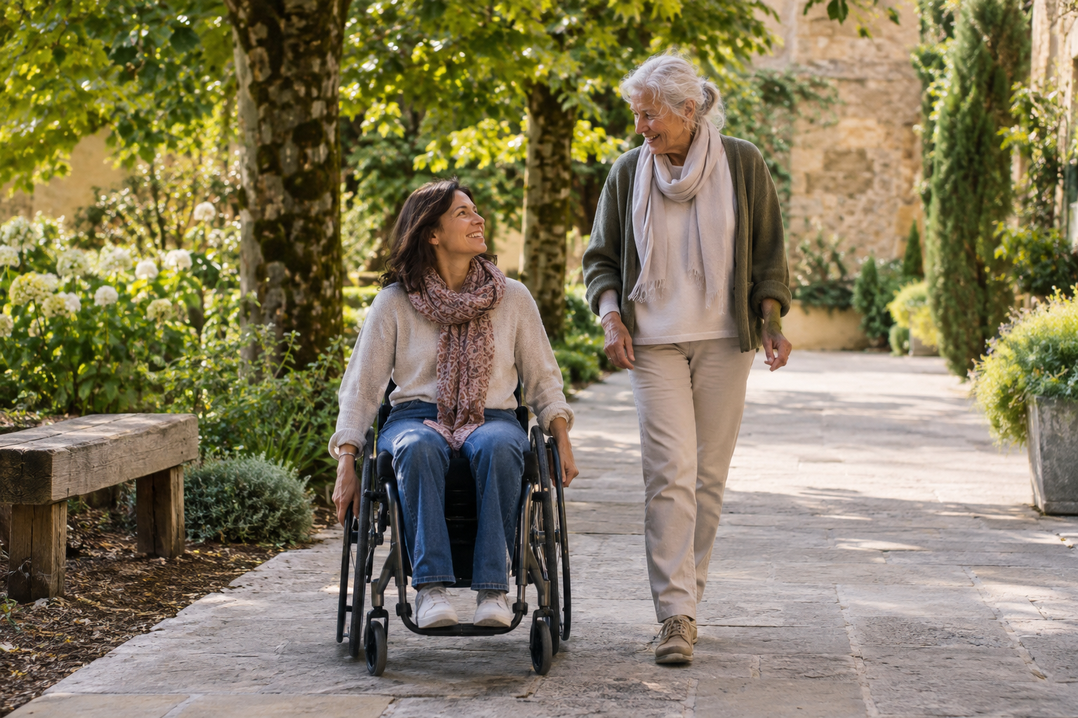 Promenade partagée sur un chemin accessible : scène d’intention.
