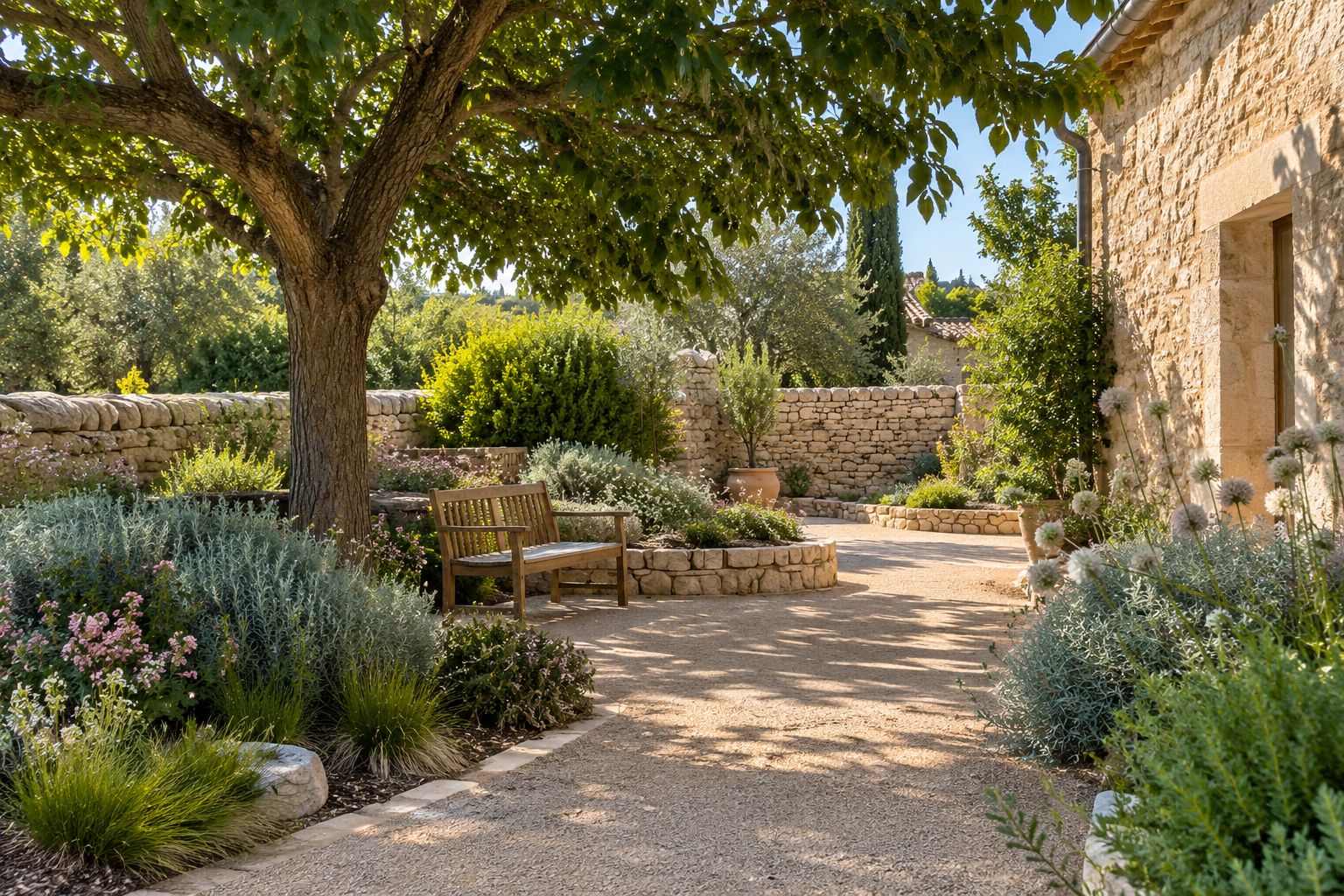 Jardin ombragé et passage accessible : intention d’aménagement, lieu illustratif.